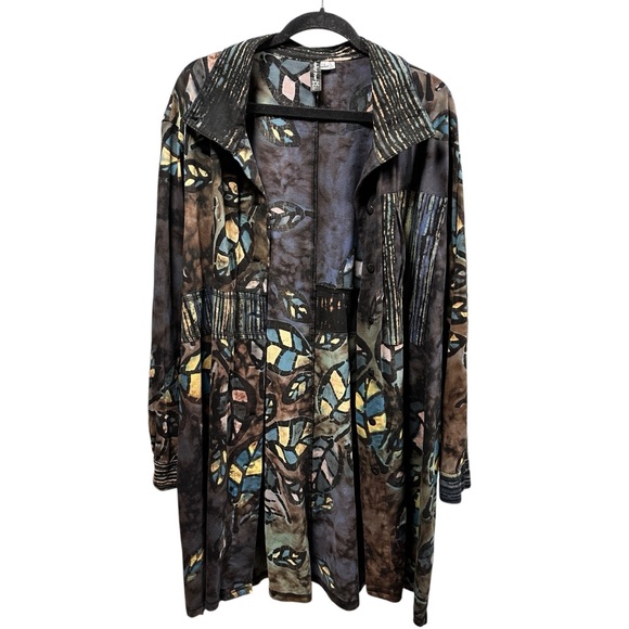 Hand Died Button Up Faux Neck Tunic Natural Tones with Leafs and Stripes 1X - Picture 6 of 13